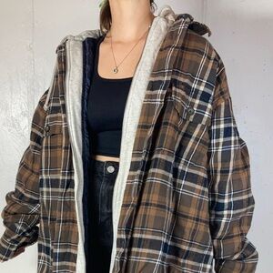 Brown + Black Hooded Lined Flannel Zip Up Shacket